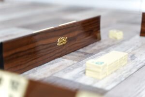 Natural walnut wood details of the Luxury Okey Rummy Game