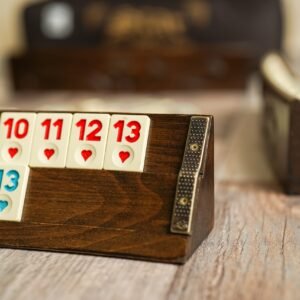 Complete Oval Okey Rummy set with 106 tiles and 4 curved wooden racks